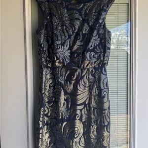 Adrianna Papell Navy and Gold Midi Dress